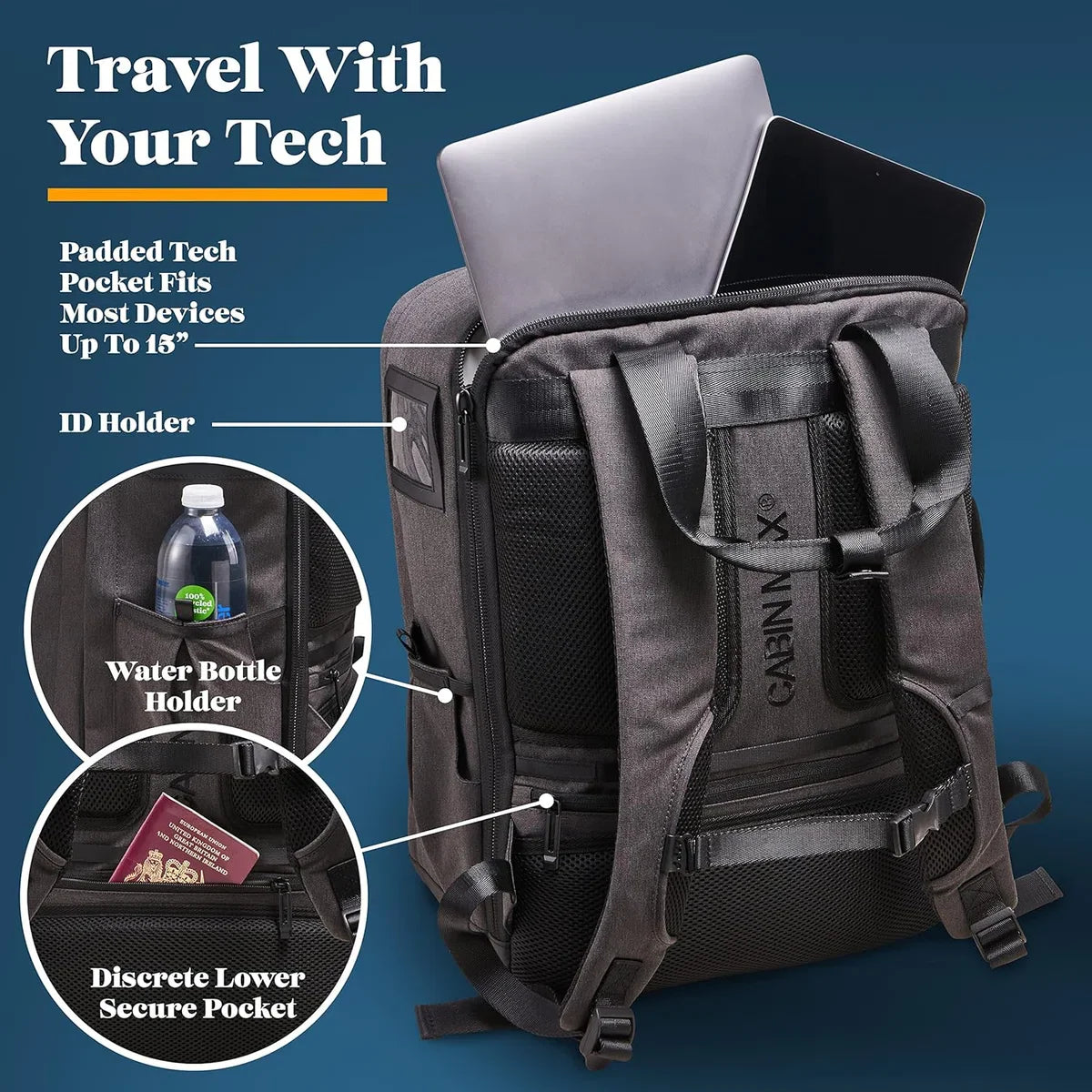 Travel backpack 45x36x20 cm - internal compression system - underseat cabin bag for easyJet - recycled polyester - grey
