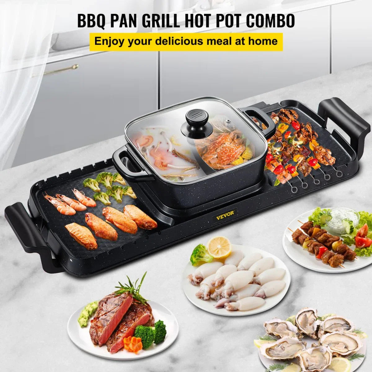 2-in-1 BBQ Grill Hete Pot 2400W Multifunctionele Elektrische Grill Hotpot 73,5x26,5x19 cm Binnen Grill Hotpot van Gegoten Aluminium en Gehard