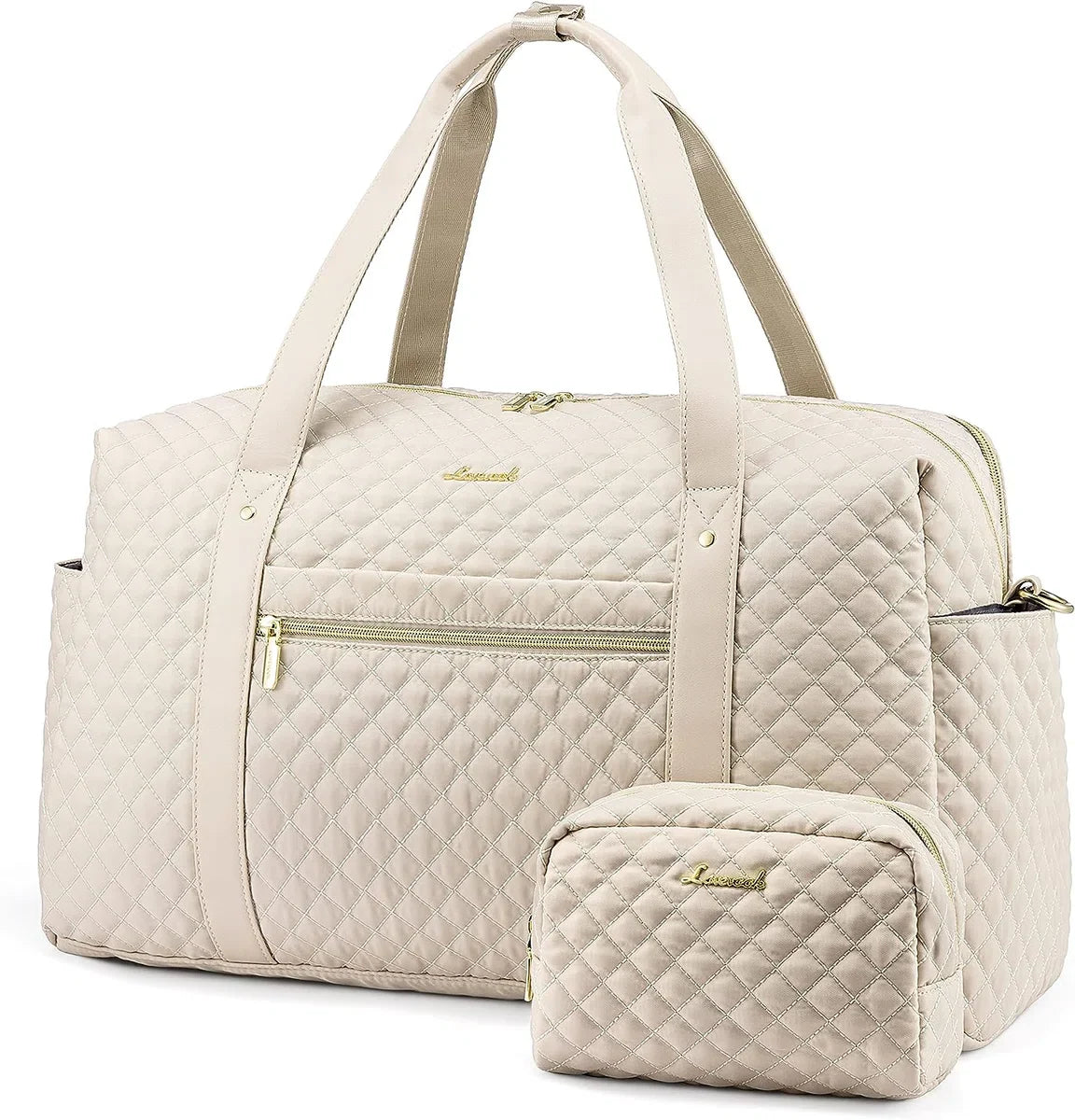 Large beige weekend bag for women - Sports bag with 15.6 inch laptop compartment - Travel bag, handbag, fitness bag - Gold details