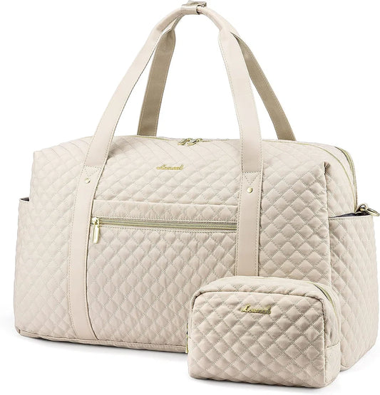 Large beige weekend bag for women - Sports bag with 15.6 inch laptop compartment - Travel bag, handbag, fitness bag - Gold details