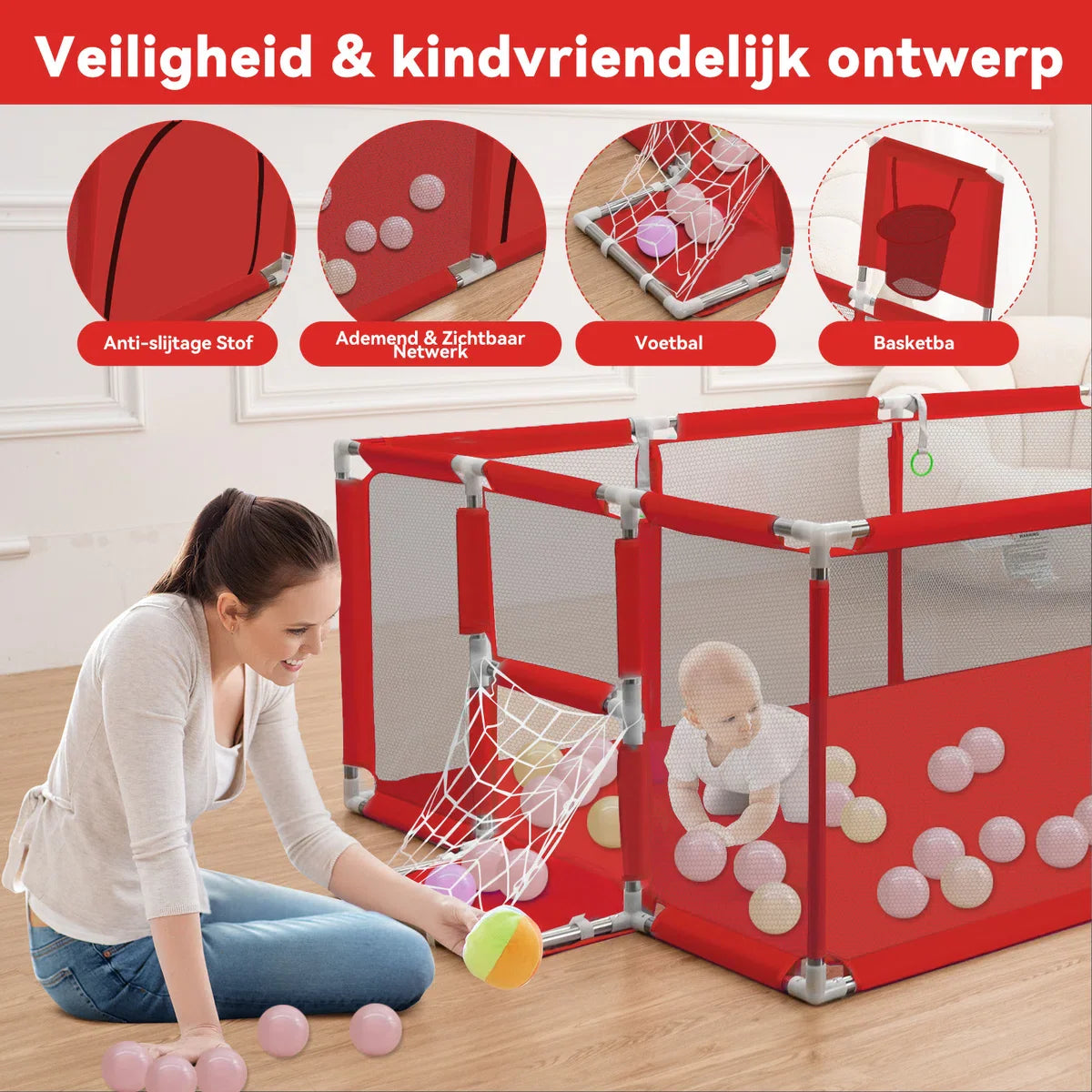 Playpen - Baby Playpen - 181x122cm Rectangular Large Size With Basketball Hoop - Red
