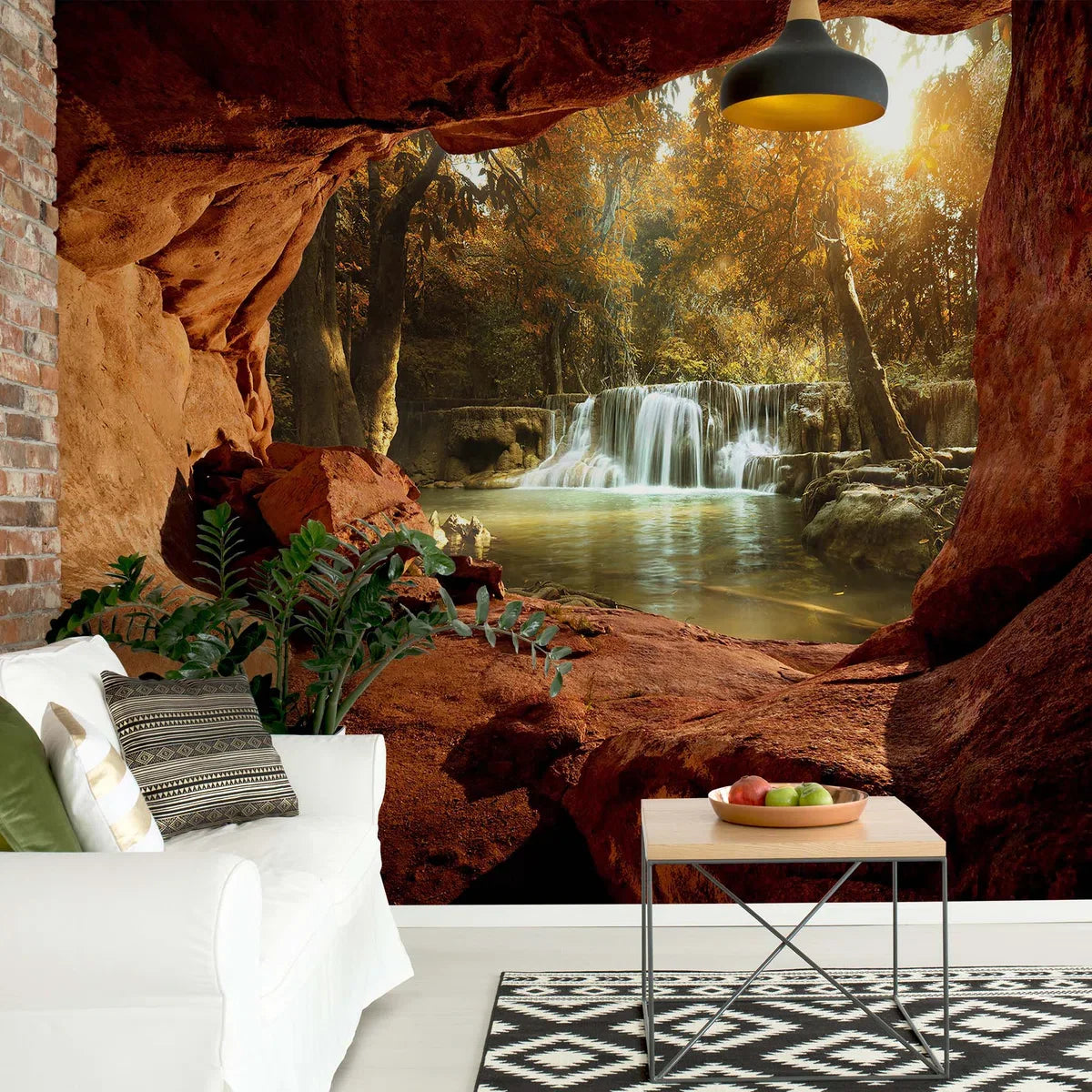 Fotobehang - Vliesbehang - 3D Uitzicht op de Waterval in het Bos vanuit de Grot - 368 x 254 cm