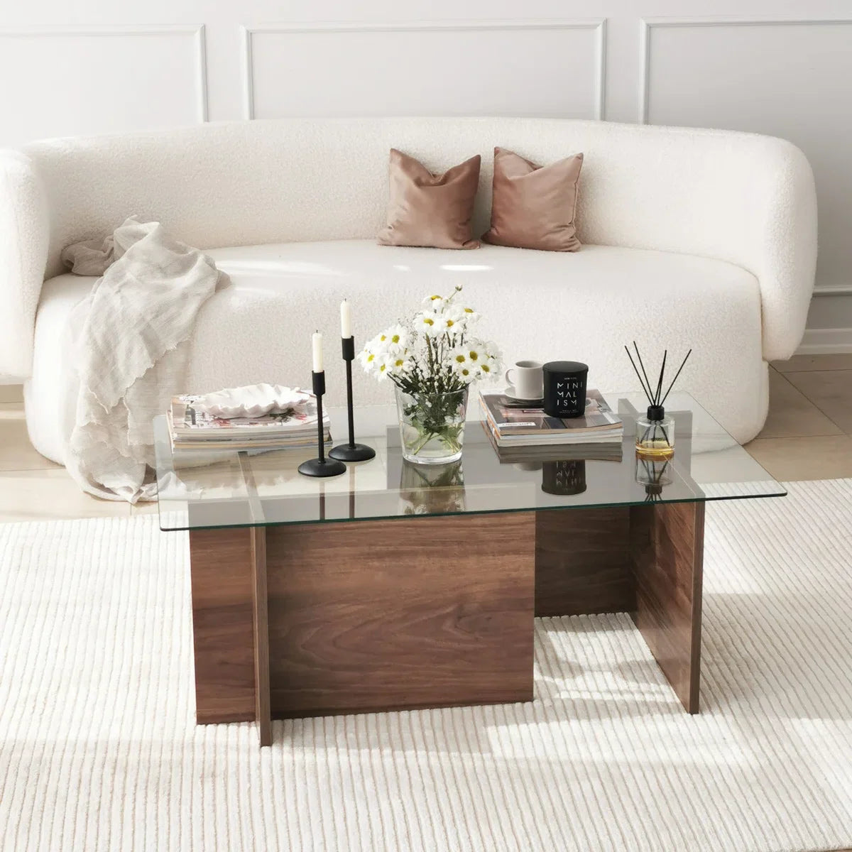 Coffee table - Walnut Finish - Tempered Glass - Dimensions 105x65x40cm - Stylish Table for every Living Room