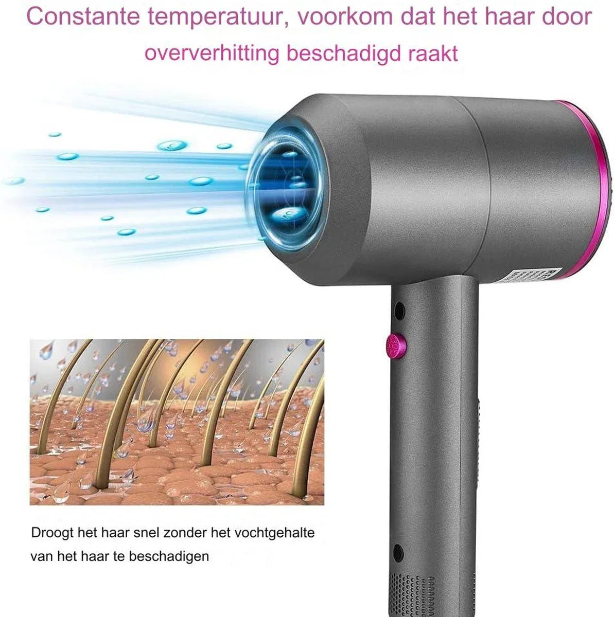 Ionische haardroger - Föhn - 2000 W - Ionische föhn - Professionele haardroger - 3 snelheden met 2 opzetstukken en 1 diffuser voor thuis en kapsalon - 110-240 V