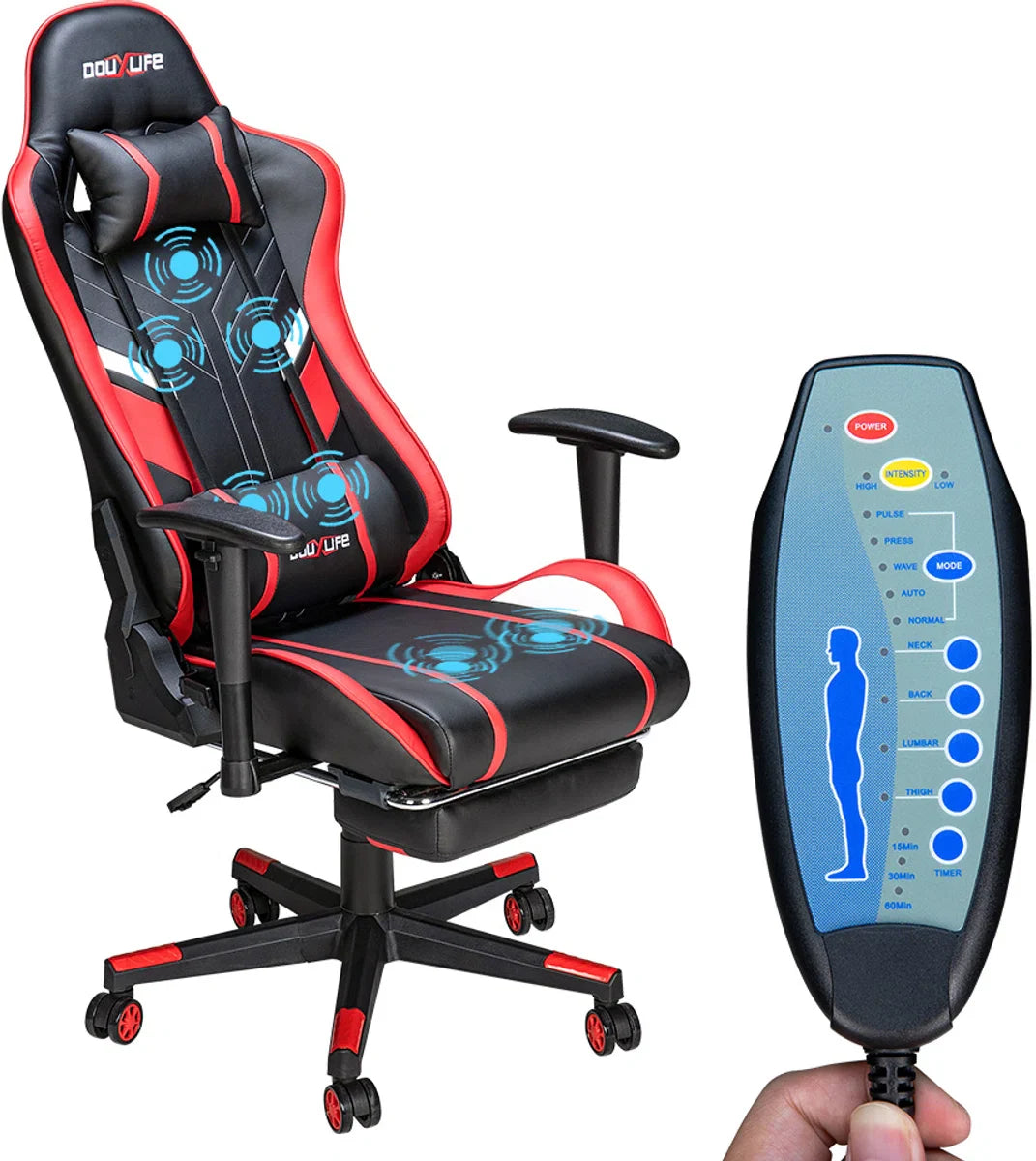 PU Massagestoel met voetenbank - Ergonomische Gamestoel - 175° - Bureaustoel - Rood&Zwart