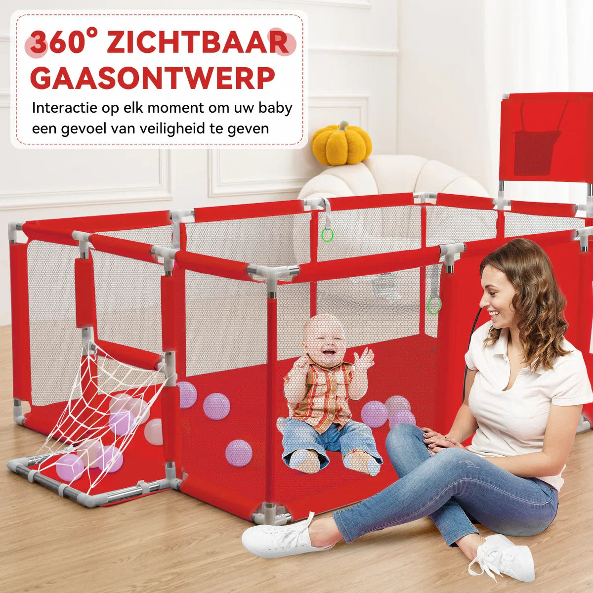 Playpen - Baby Playpen - 181x122cm Rectangular Large Size With Basketball Hoop - Red