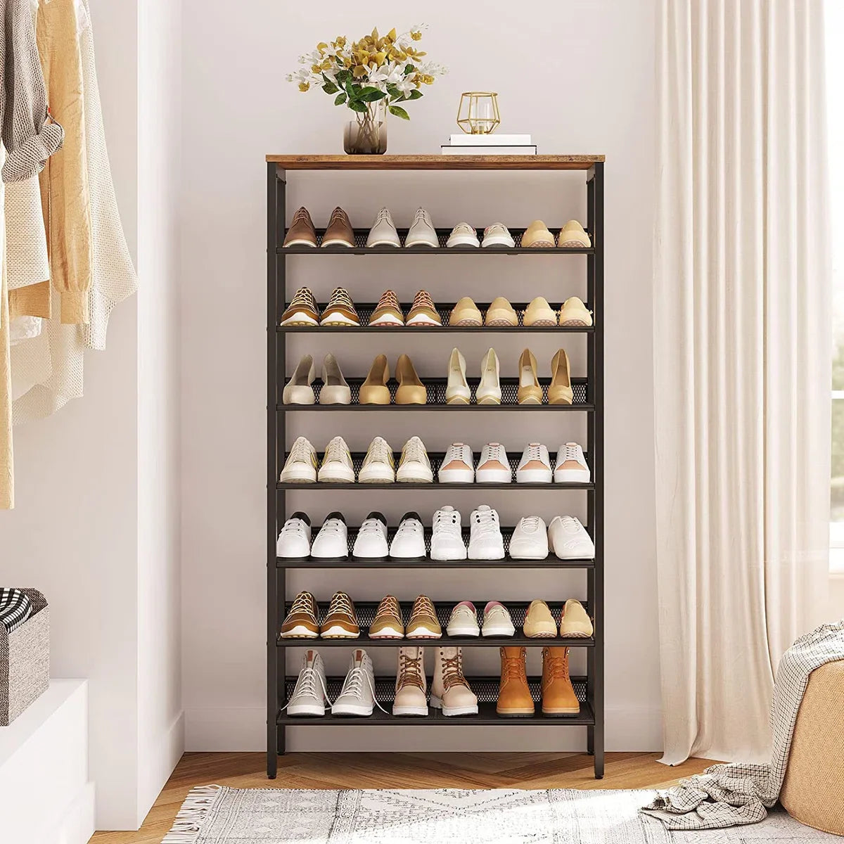 Large shoe rack - high shoe cabinet - 8-tier shoe rack - tiltable mesh shelves - metal/wood - for 24-32 pairs of shoes - industrial - brown-black