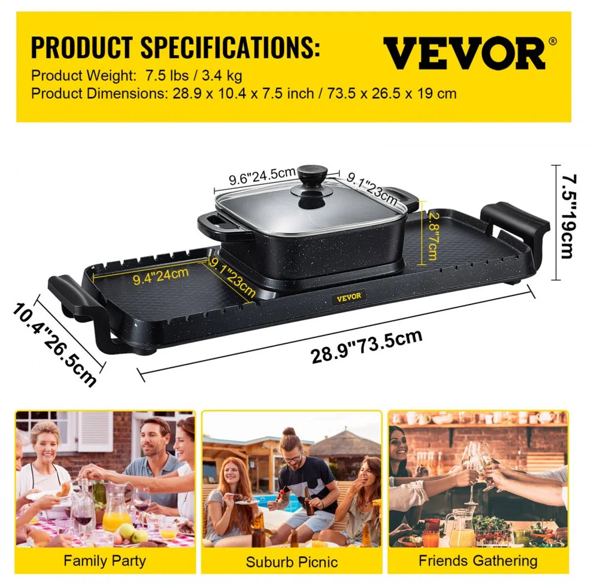 2-in-1 BBQ Grill Hete Pot 2400W Multifunctionele Elektrische Grill Hotpot 73,5x26,5x19 cm Binnen Grill Hotpot van Gegoten Aluminium en Gehard