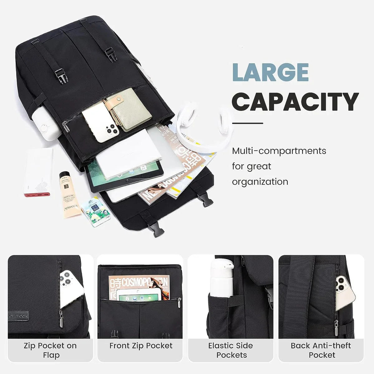 Laptop backpack 17.3 inch - Black - USB charging port - 32 x 15.5 x 47 - Backpack with 5 compartments - Work, school, office - Water-resistant