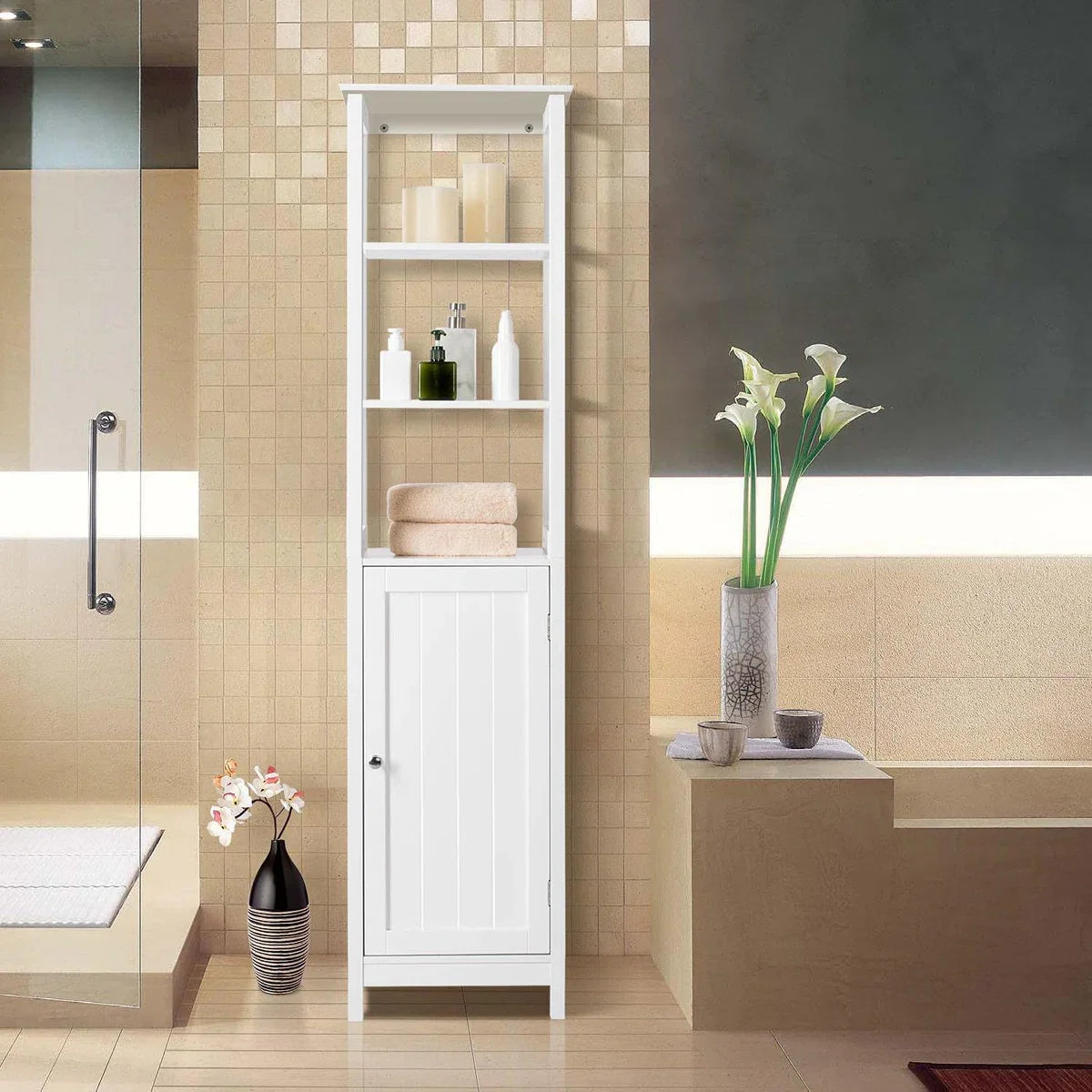 Hoge kast, badkamerkast, staand rek, badkamerrek, met 3 open vakken, verstelbare plank, voor badkamer, woonkamer, keuken, 160 cm hoog, wit