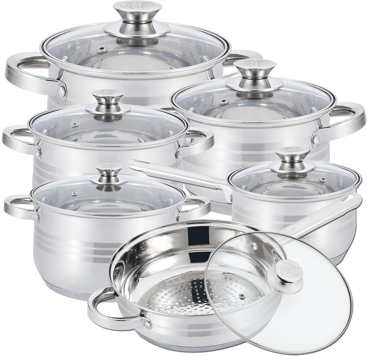 Pannenset – 12-Delig – Voor Inductie en Gas – Vaatwasserbestendig – RVS met Glazen Deksels