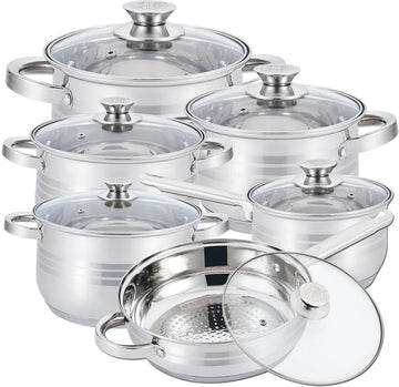 Pannenset – 12-Delig – Voor Inductie en Gas – Vaatwasser Bestendig – RVS met Glazen Deksels