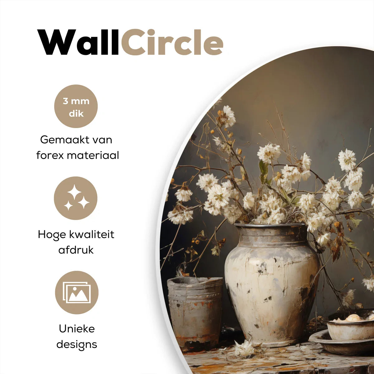 WallCircle® Wandcirkel 60x60 cm - Muurcirkel Stilleven - Bloemen - Boeket - Vaas - Wijn - Kunst - Muurdecoratie woonkamer - Wanddecoratie slaapkamer - Keuken - Kamer decoratie accessoires - Ronde schilderijen - Woonaccessoires