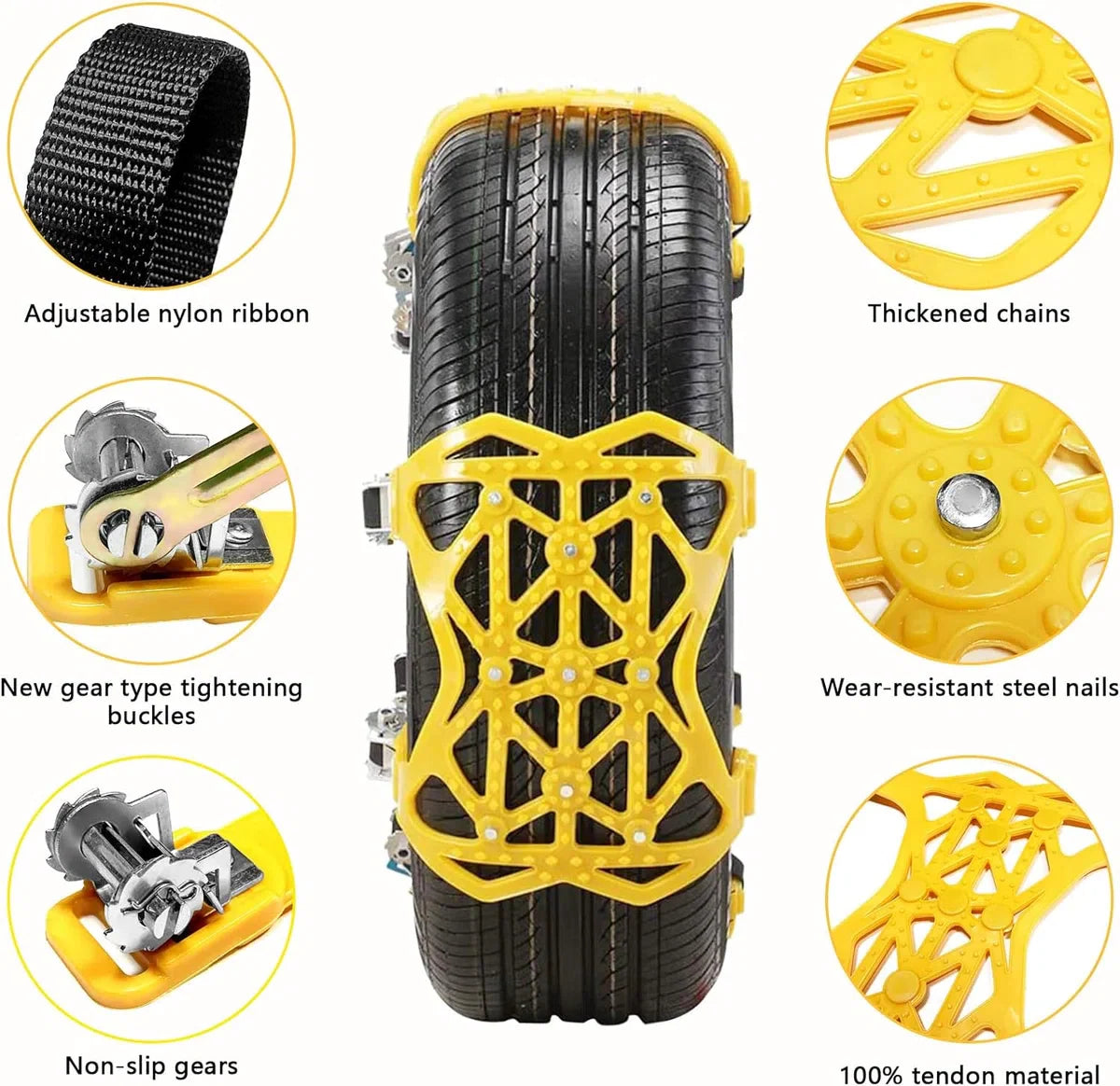 Sneeuwkettingen, 6 stuks universele autosneeuwkettingen voor bandbreedte 165-285 mm / 6,5-12 inch, winterbandenkettingen voor lichte vrachtwagens/SUV/ATV, 205 55 R16/225 55 R17