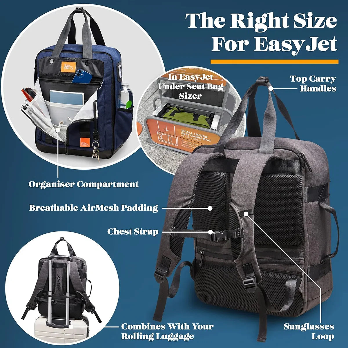 Travel backpack 45x36x20 cm - internal compression system - underseat cabin bag for easyJet - recycled polyester - grey
