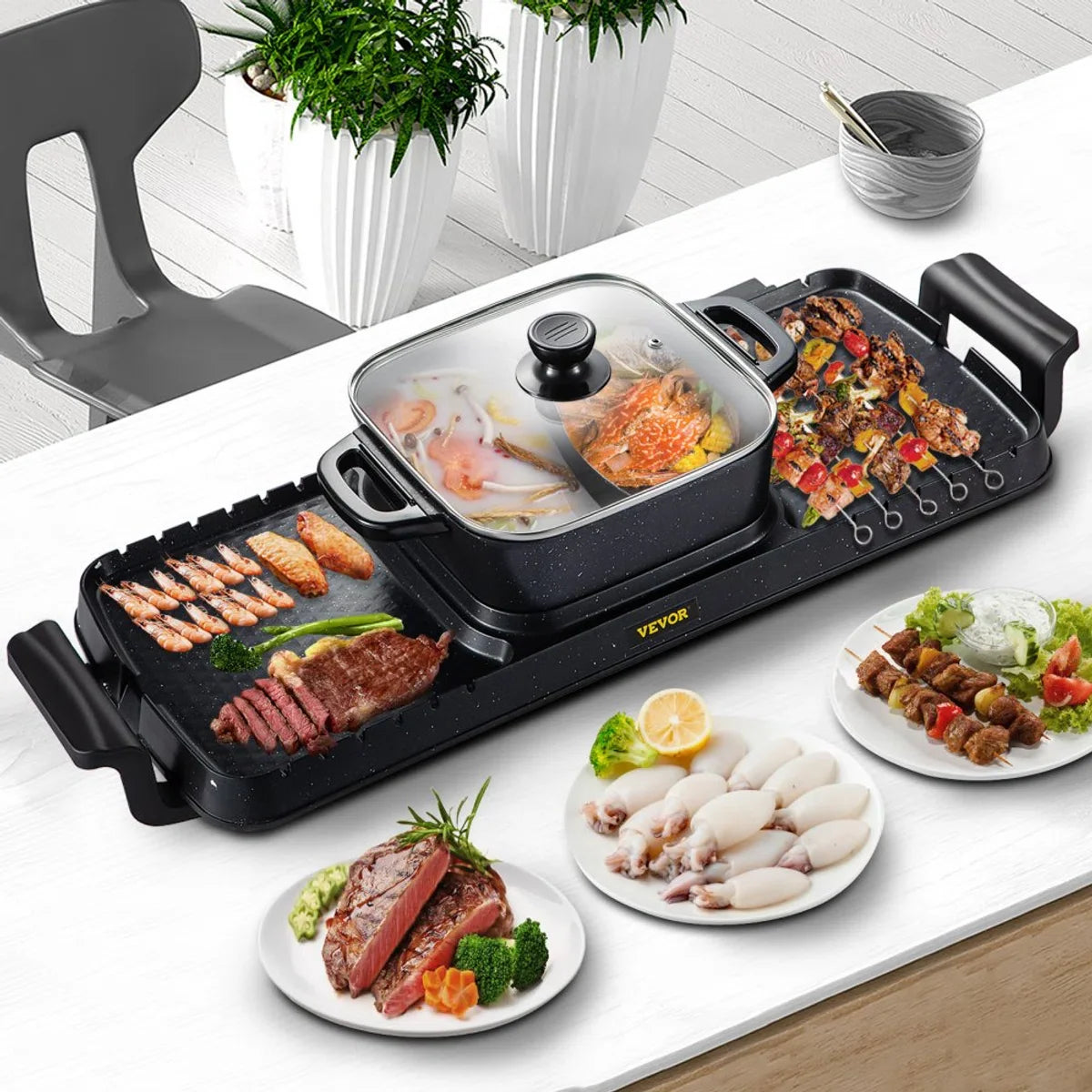 2-in-1 BBQ Grill Hete Pot 2400W Multifunctionele Elektrische Grill Hotpot 73,5x26,5x19 cm Binnen Grill Hotpot van Gegoten Aluminium en Gehard