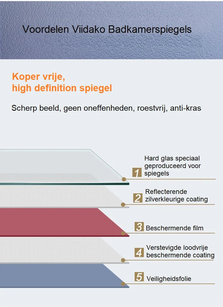Viidako LED Spiegel - Condensvrij – dimbaar - 3 LED standen – Hip design – Krasbestendig – Duurzame kwaliteit – Eenvoudige Installatie