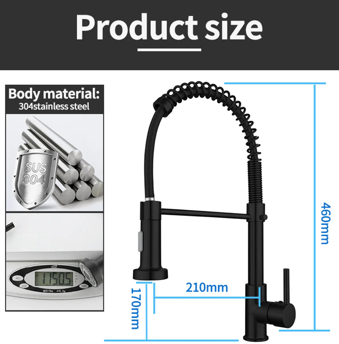 Black Kitchen Tap with Pull-Out Spout | Mixer Tap | Flexible Hose