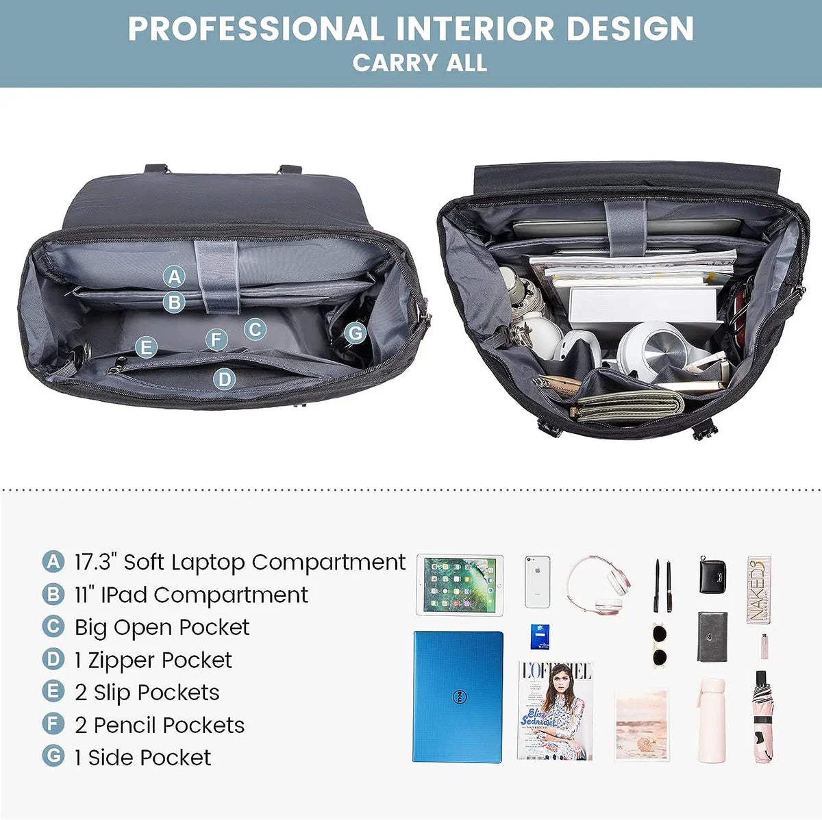 Laptop backpack 17.3 inch - Black - USB charging port - 32 x 15.5 x 47 - Backpack with 5 compartments - Work, school, office - Water-resistant