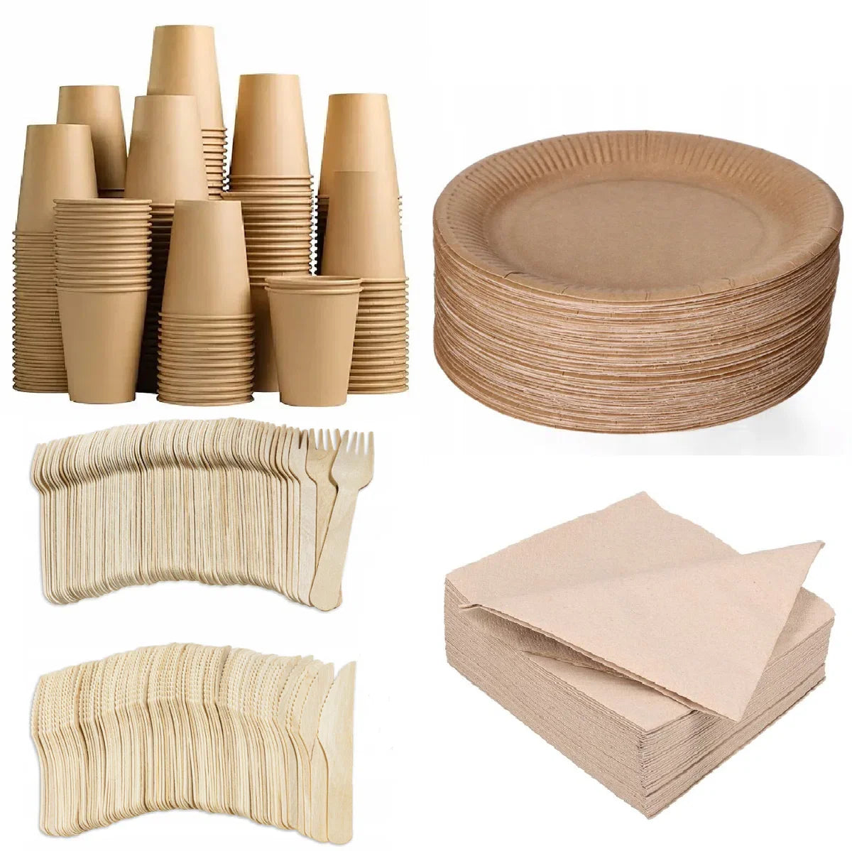500 pieces x Wooden disposable cutlery set eco/environmentally conscious - 100 cardboard plates 23cm + 100 cardboard cups 240ml + 100 forks 16cm + 100 knives 16cm + 100 organic napkins 33x33cm