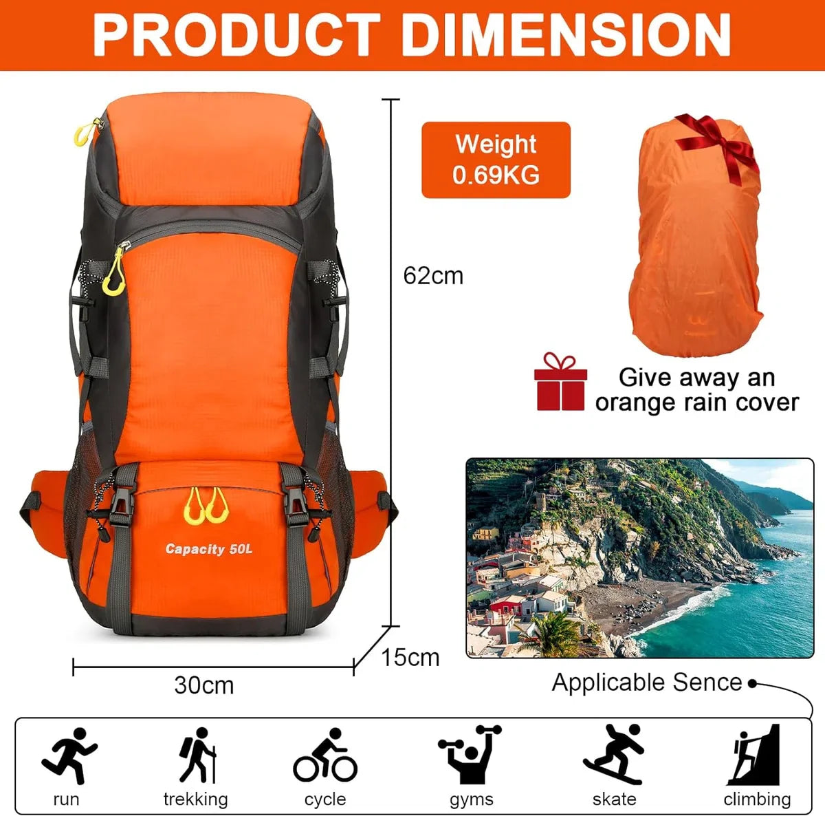Hiking Backpack, 50L Trekking Rucksack with Rain Cover, Travel Backpack Waterproof Camping Backpack for Hiking, Camping, Climbing, Travel, Sports, Men and Women