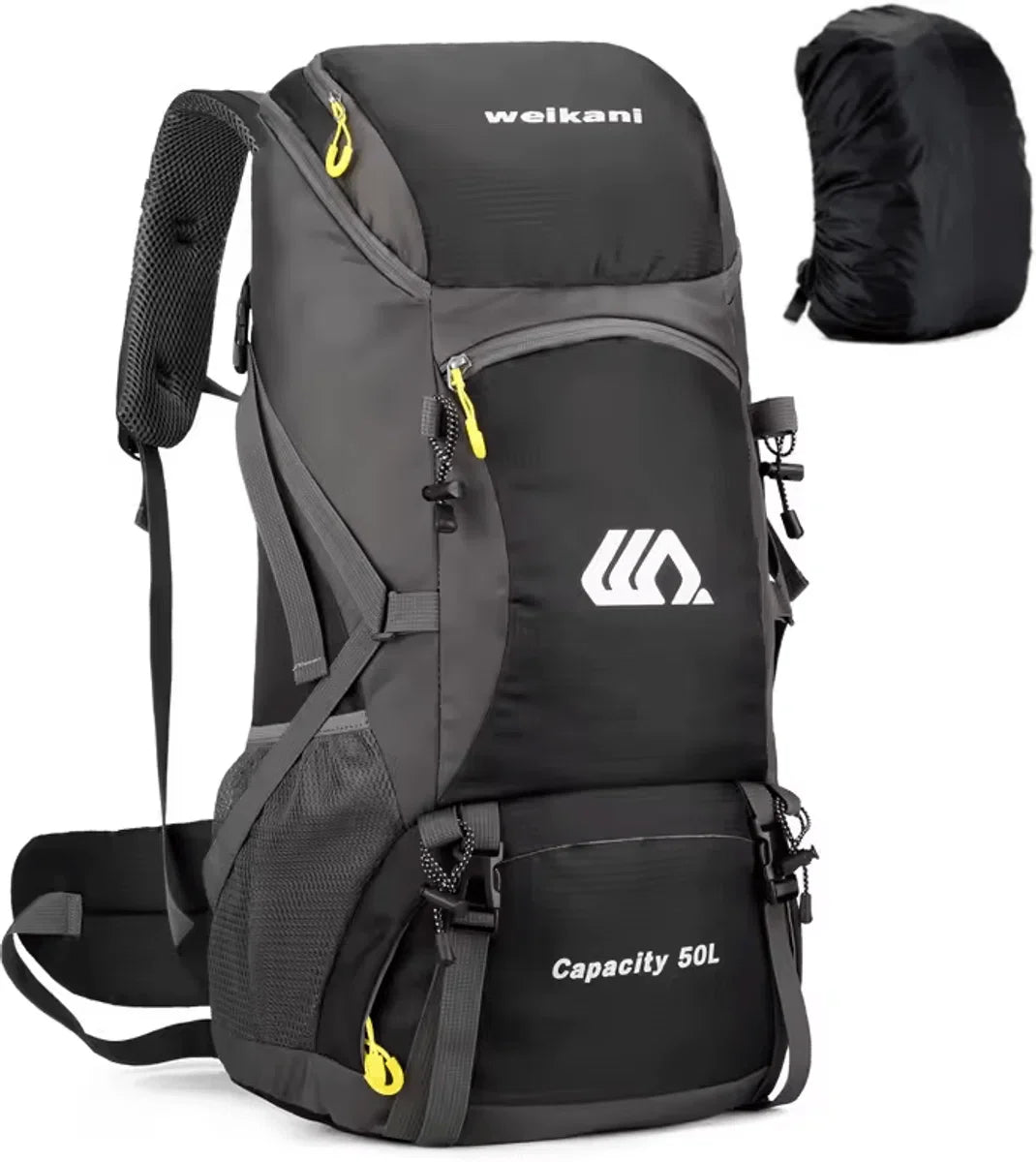 E-Shop4u® - 50L - Rugzak - Waterdicht - Nylon - Kamperen - Wandelen - Outdoor - Trekking - Schoenvak - Waterzakhouder - Reflecterend - Zwart - Rugzak Organizer