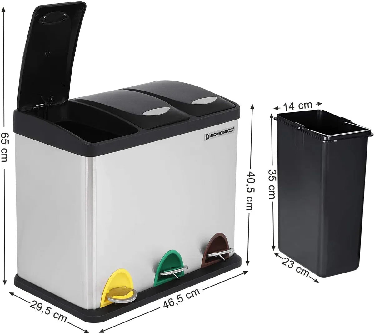 Kitchen waste bin, 3-in-1 waste bin, 24 litre, waste separation, metal pedal bin, waste separation system, robust, easy to clean, steel, silver