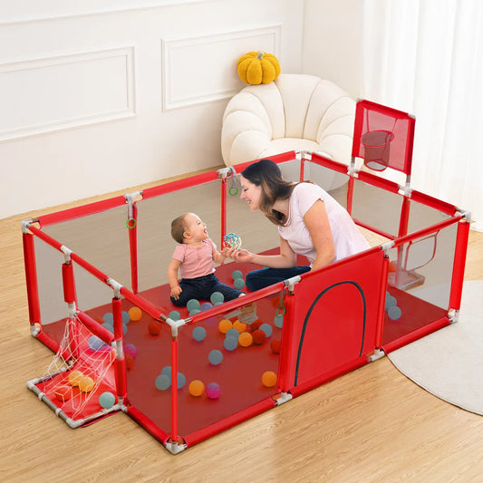 Playpen - Baby Playpen - 181x122cm Rectangular Large Size With Basketball Hoop - Red