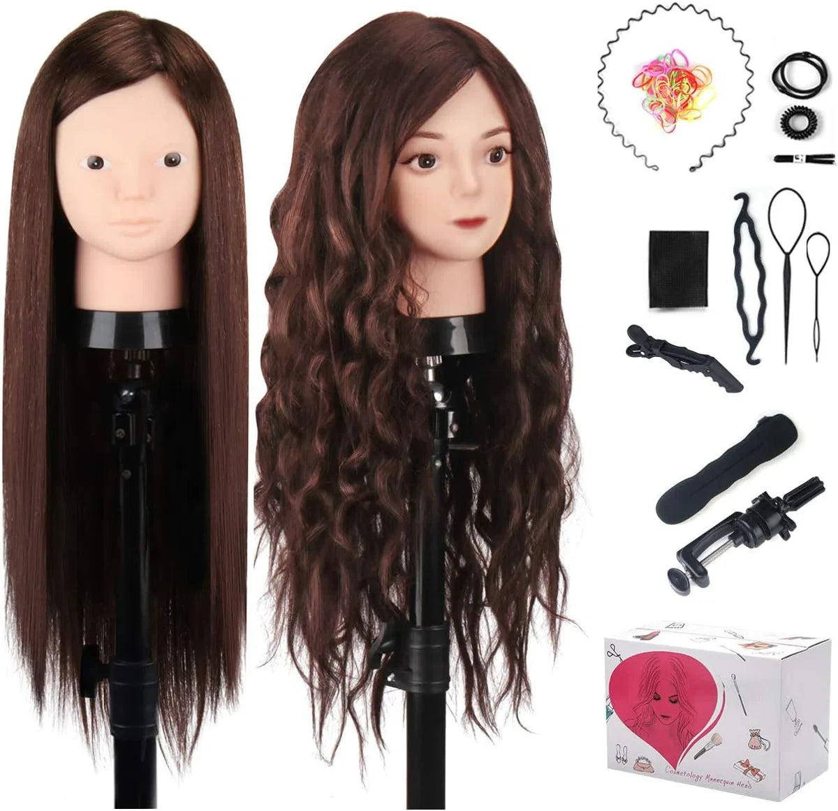 20 Inch 60% Echt Menselijk Haar Trainingshoofd Etalagepop Hoofd Cosmetologie Kappers Etalagepop Dummy Pop Hoofd met Tafelklemhouder & DIY Haarstyling Vlecht Set