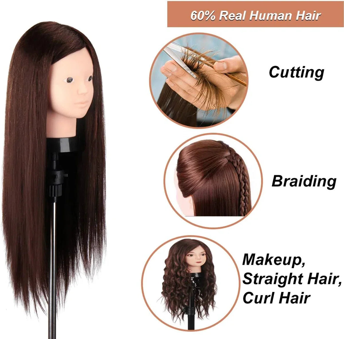20 Inch 60% Echt Menselijk Haar Trainingshoofd Etalagepop Hoofd Cosmetologie Kappers Etalagepop Dummy Pop Hoofd met Tafelklemhouder & DIY Haarstyling Vlecht Set