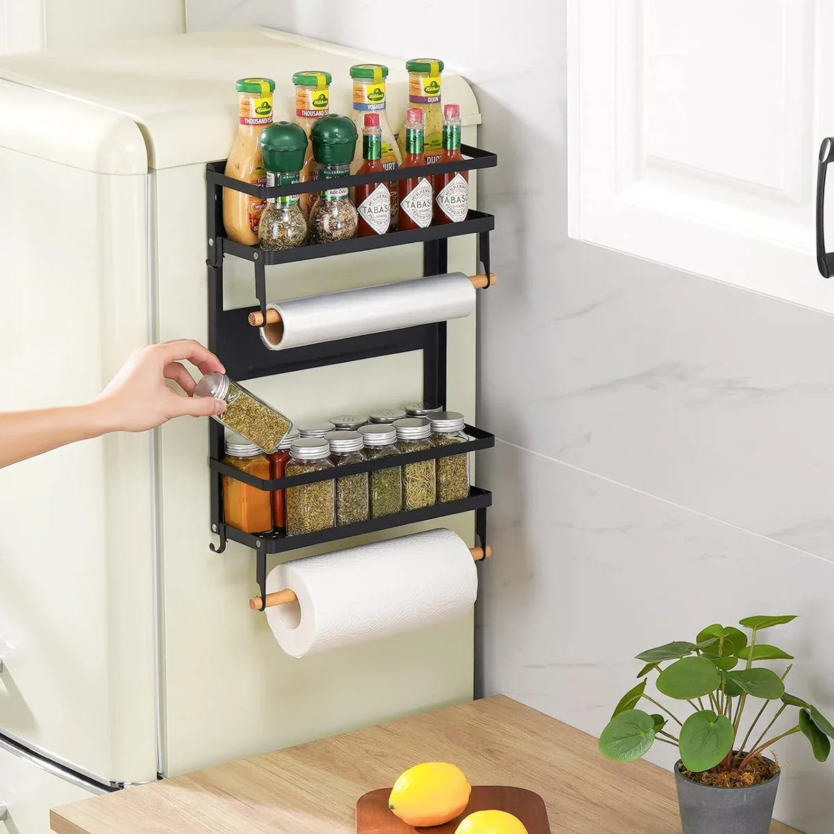 Magnetic Spice Rack Kitchen Shelf Hanging Spice Holder No Drilling Refrigerator Shelf Kitchen Spice Racks with Paper Towel Holder 2 Tiers Matte Black