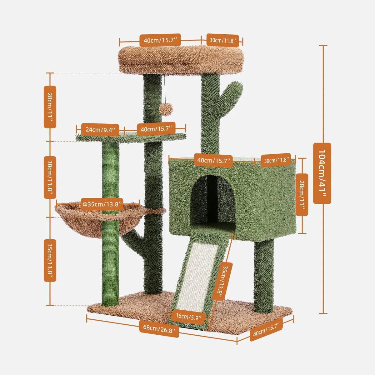 Cat Scratching Post 104 cm Modern Cactus Plush Cat Scratcher for Adult Cats with Larger Cave, Removable Top Bed, Dangling Ball, Sisal Rope, Green.