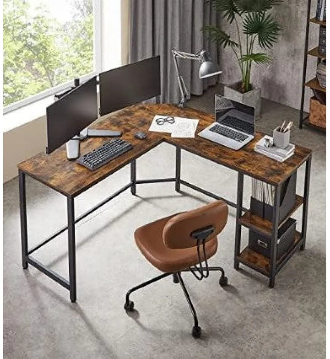 Rocket - MIRA Home - Bureau - Laptoptafel - L-vormig - Hout/Metaal - Bruin/Zwart - 138x138x75