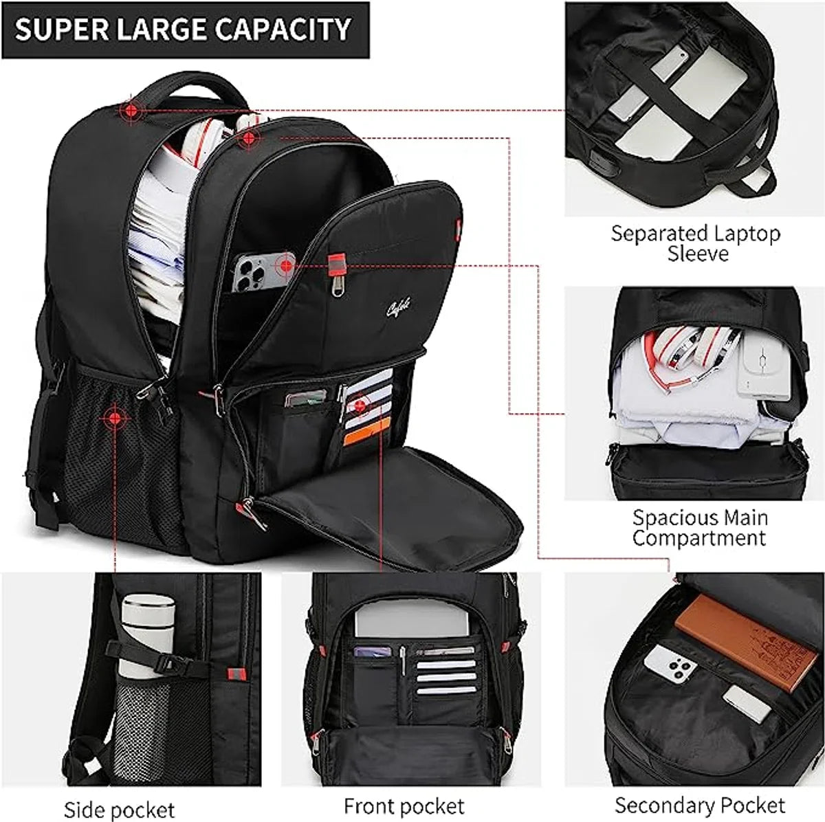 17,3-inch Laptoptas, Extra Grote Rugzak Boekentas Computertas met USB-oplaadpoort, Waterbestendige Stevige Rugzak voor Zakelijk College Schoolreizen, Heren Dames Casual Daypack, Zwart
