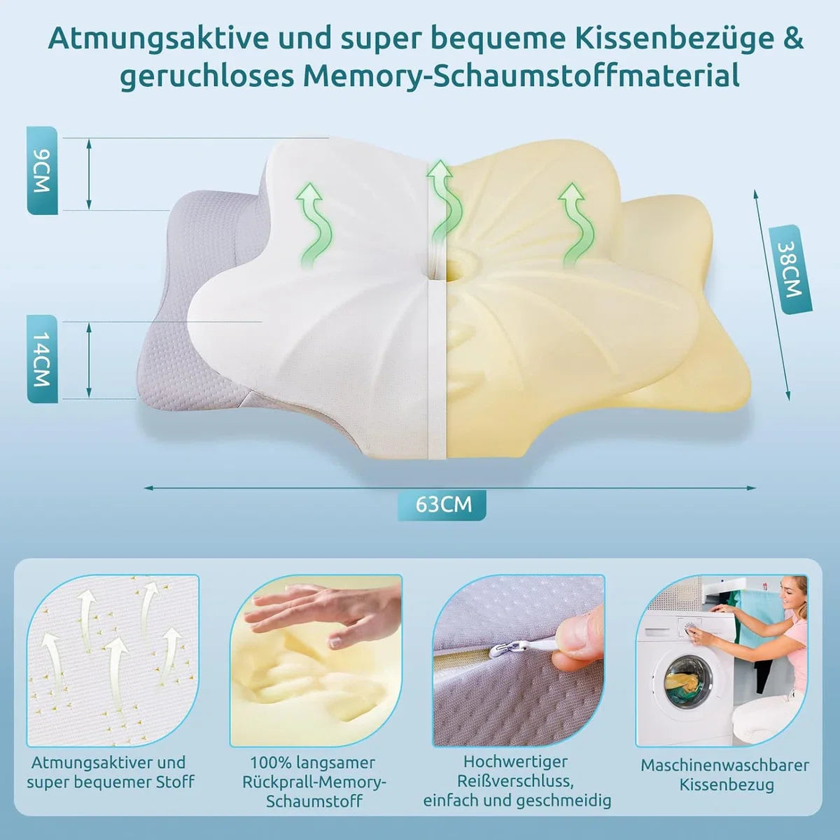 Cervicaal orthopedisch traagschuim kussen, uitneembaar ergonomisch nekkussen voor nek- en schouderpijn, nekkussen voor zijslaper (Blauwgroen zachter 53.8 x 33 x 11/9cm)