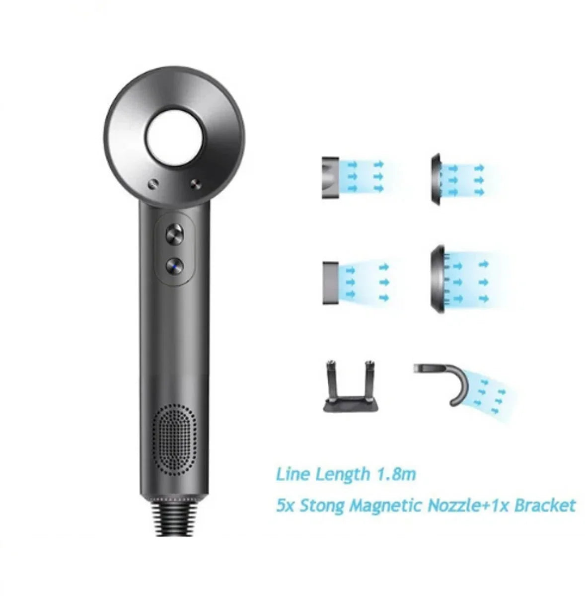 Föhn met Diffuser - Ionische Haardroger - Professionele Haardroger - Rijk uitgerust - Inclusief 6 accessoires - 3 Standen - Zilver