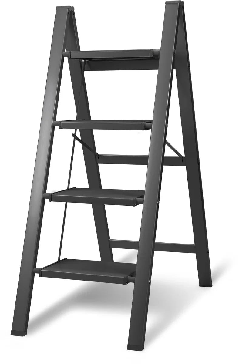 Trapladder Opvouwbare ladder 4 Treden Keukentrap Inklapbaar - Antislip - Trap Ladder Alu Zwart