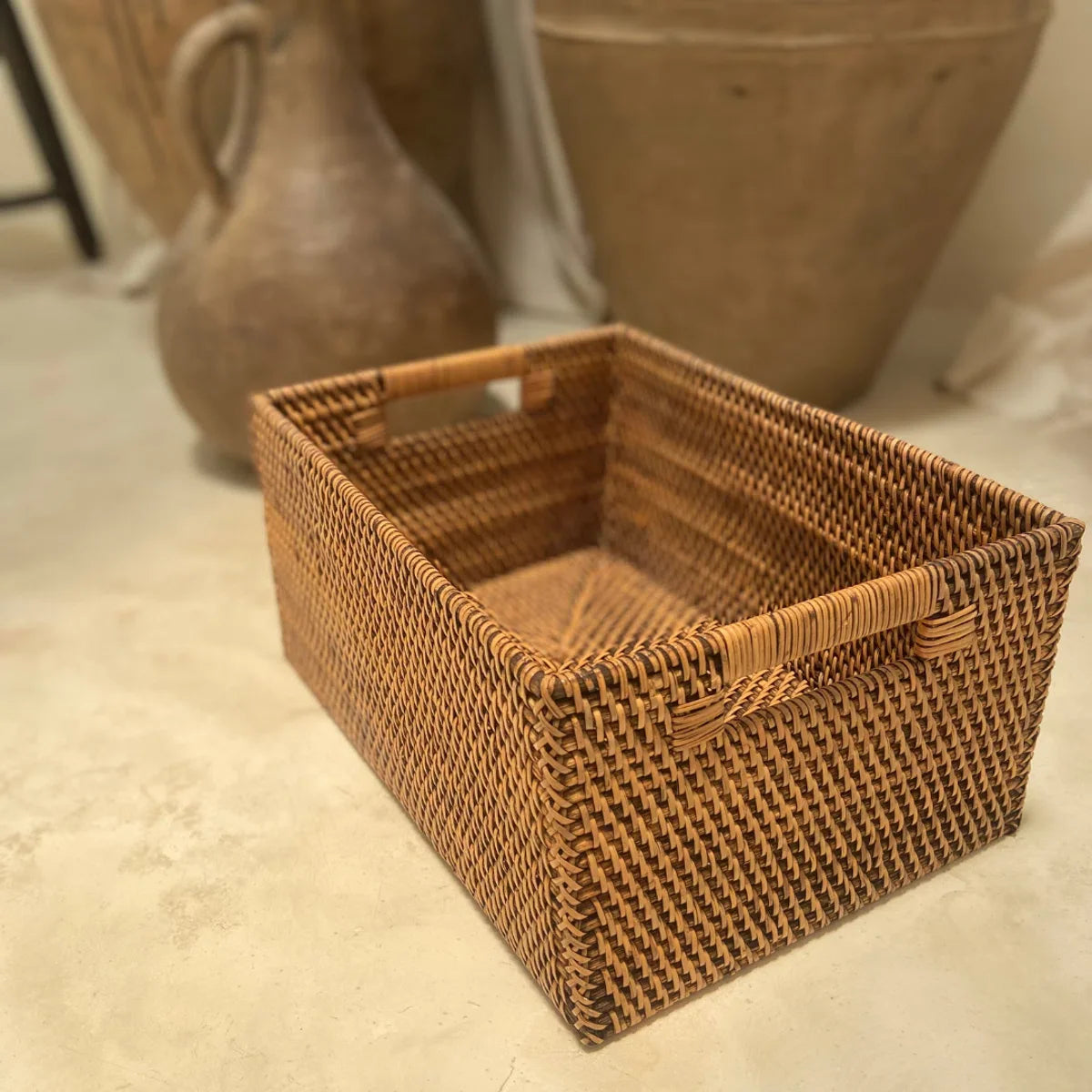 Dark rattan storage basket - storage box - 35 cm x 25 cm x 16 cm