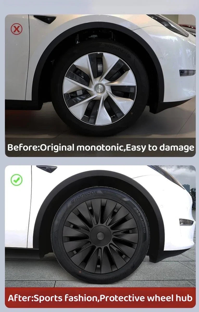 Wheel covers suitable for Tesla Model Y - Matte black Performance 14-spoke wheel cap set - upgrade for 19 inch - Protective foam layer for rims - Car Exterior Accessories Netherlands and Belgium