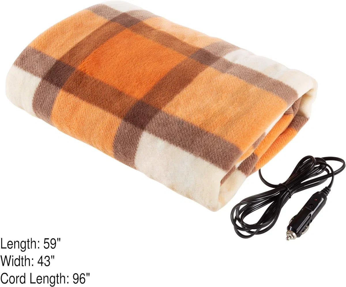 Elektrische deken verwarmde 12V Polar Fleece reisplaid voor auto vrachtwagen en camper - koud weer bumperkleven noodkit oranje 43" Campingdeken