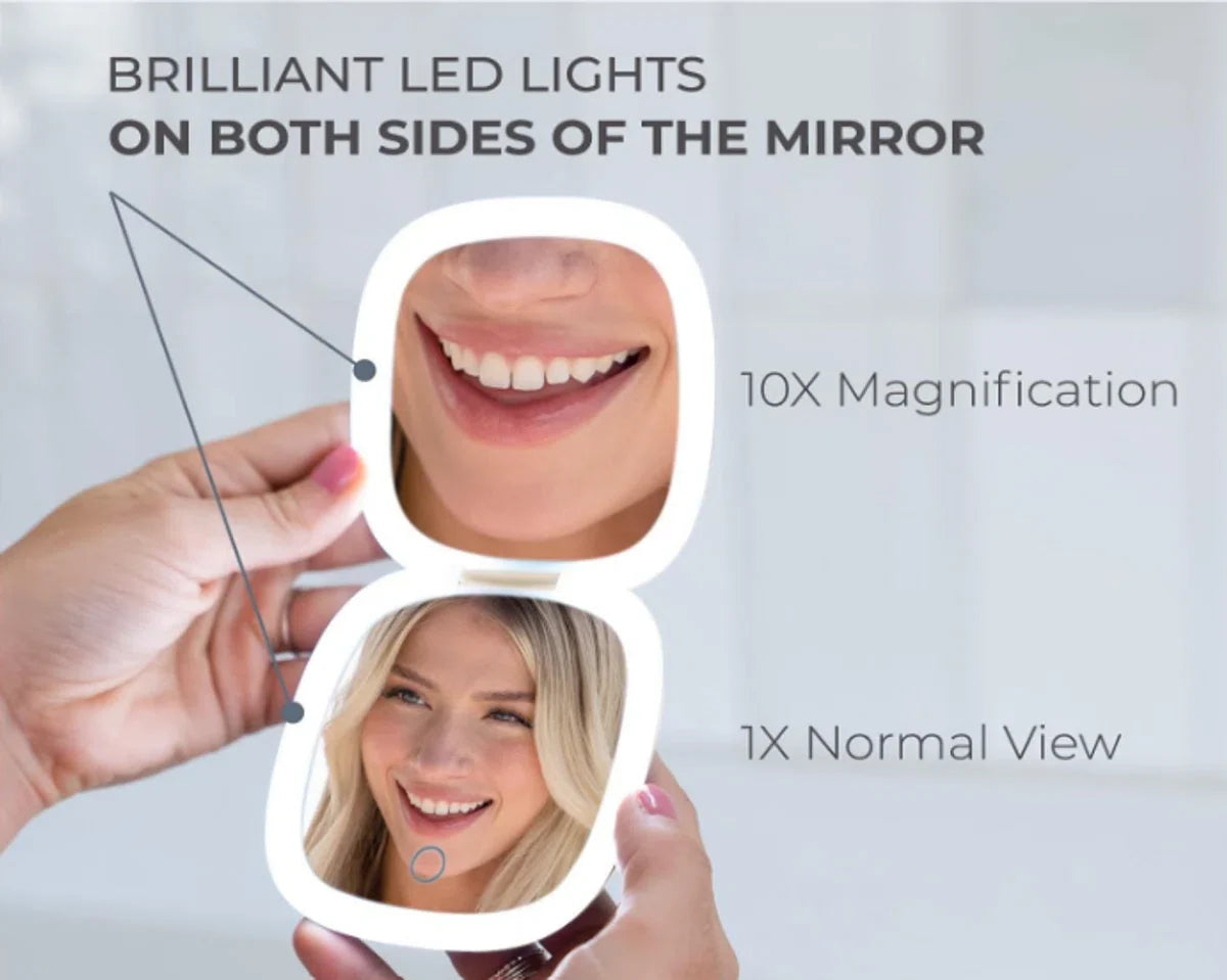 Travel Makeup Mirror - With LED - 10x Magnification - Travel Mirror - Foldable - USB - Applying Makeup - On the Go