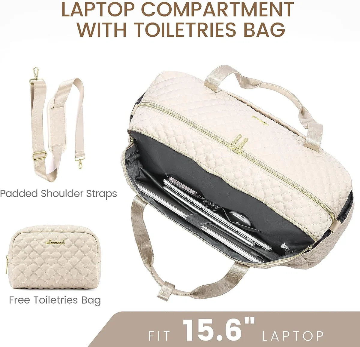 Large beige weekend bag for women - Sports bag with 15.6 inch laptop compartment - Travel bag, handbag, fitness bag - Gold details