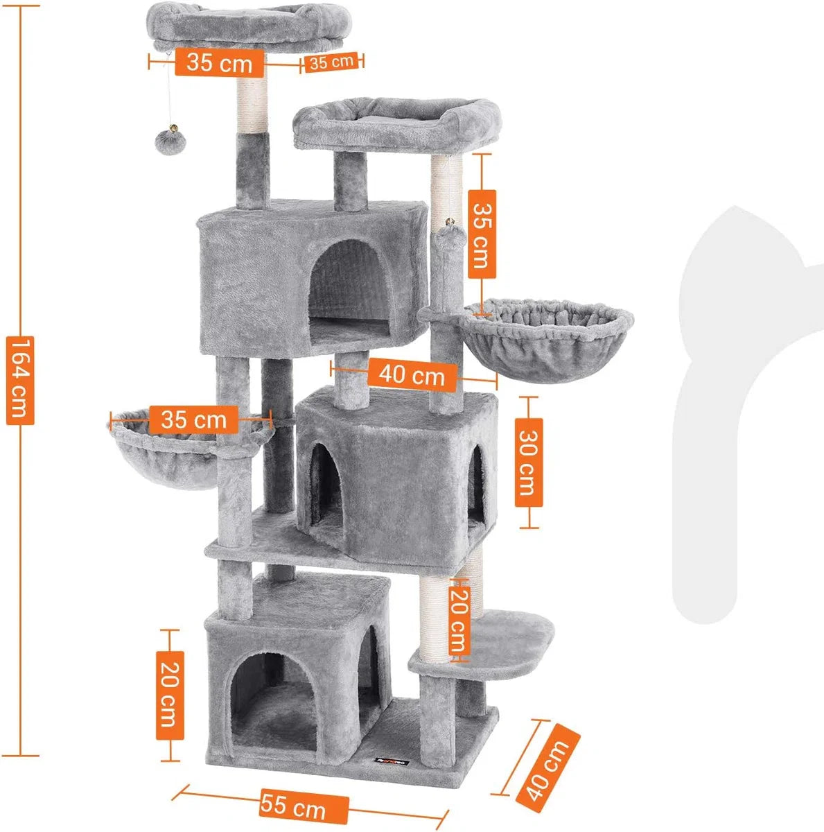 Cat tree, large, with 3 cat caves, 164 cm Cat tree, light grey PCT98W