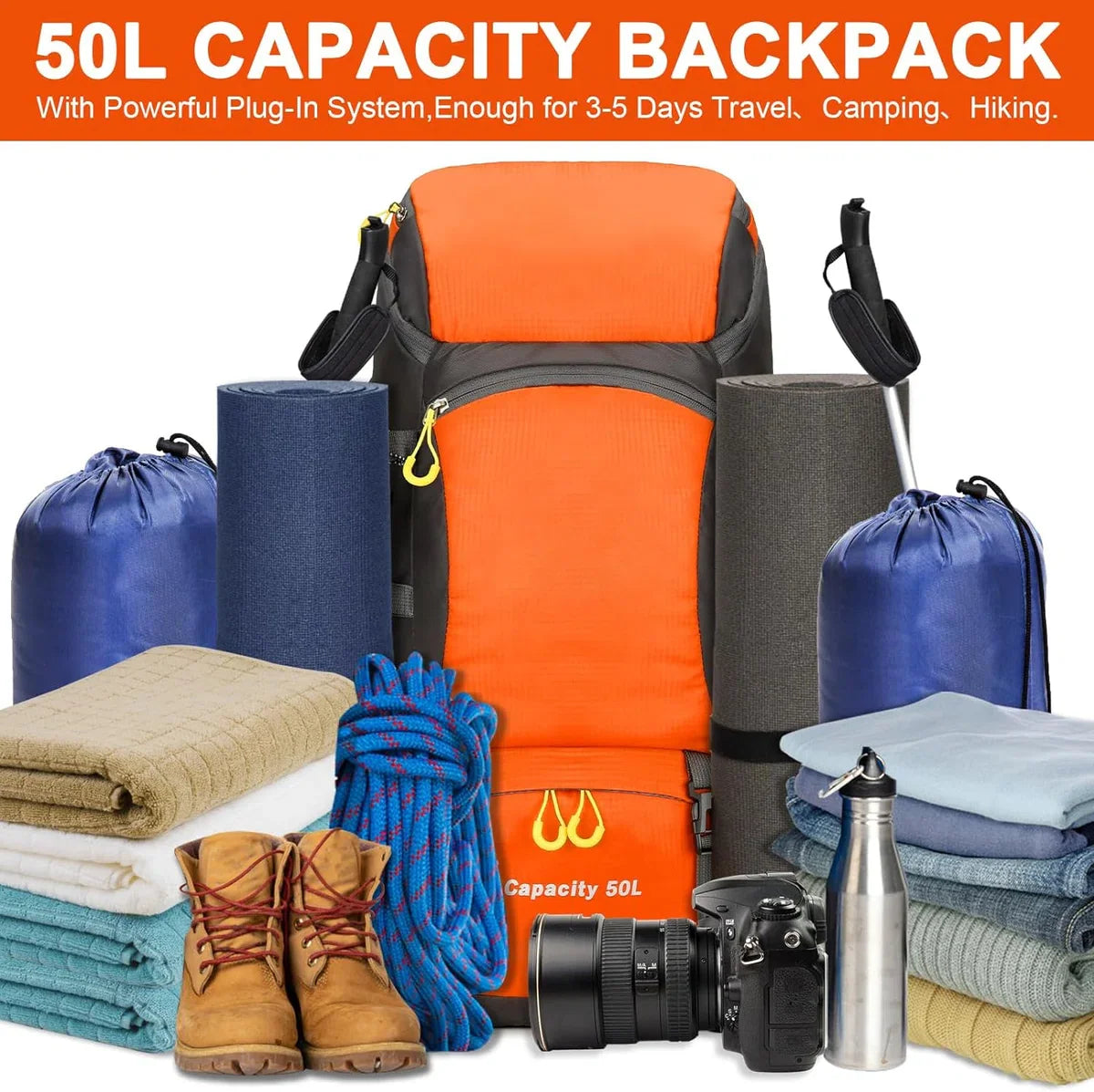 Hiking Backpack, 50L Trekking Rucksack with Rain Cover, Travel Backpack Waterproof Camping Backpack for Hiking, Camping, Climbing, Travel, Sports, Men and Women