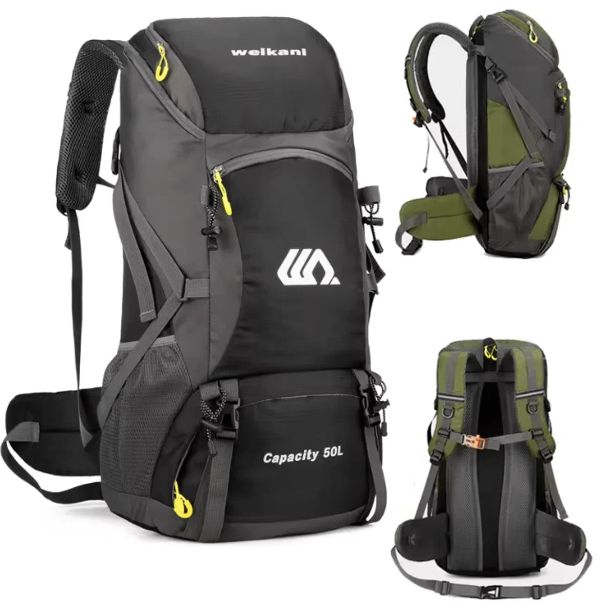 E-Shop4u® - 50L - Rugzak - Waterdicht - Nylon - Kamperen - Wandelen - Outdoor - Trekking - Schoenvak - Waterzakhouder - Reflecterend - Zwart - Rugzak Organizer