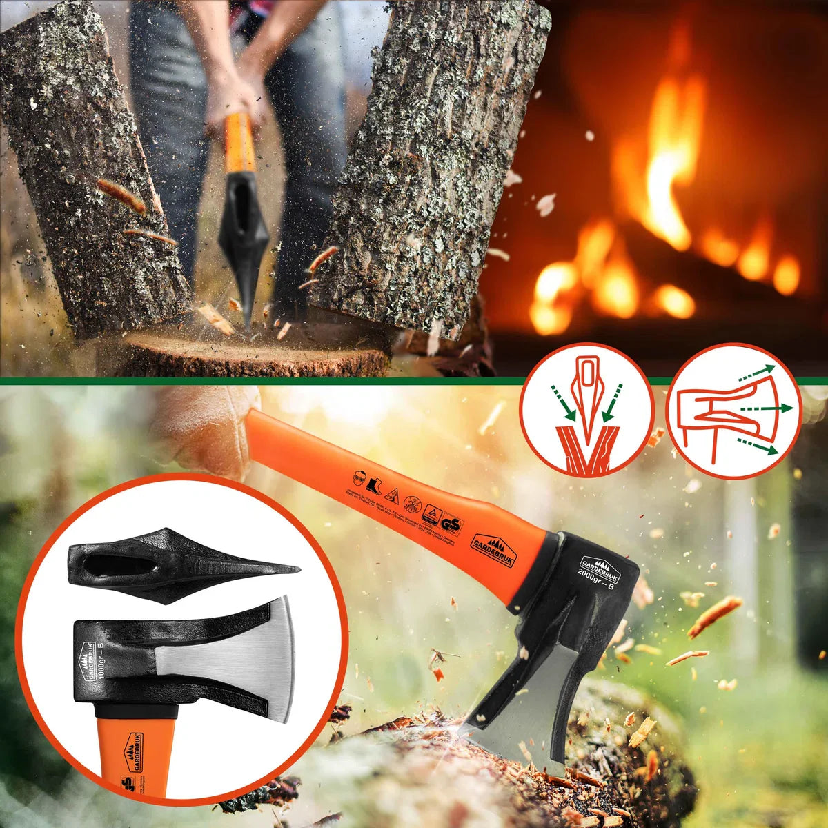 Cleaving hammer 3kg and hatchet 37cm with fiber handle - set of 2 pieces