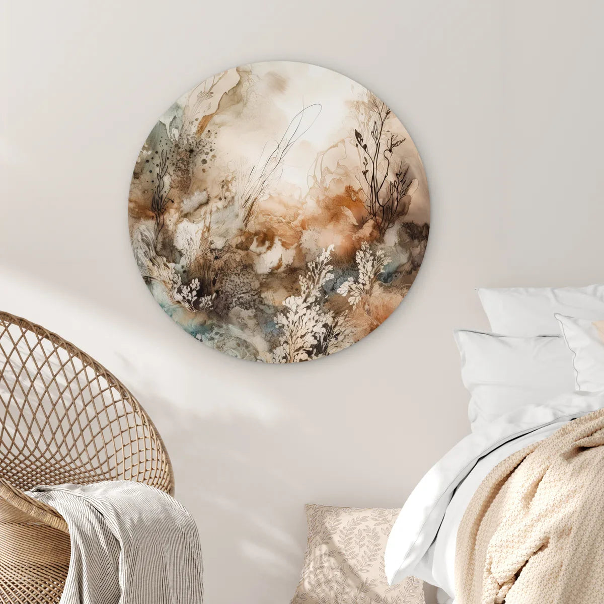 WallCircle® Wandcirkel 90x90 cm - Muurcirkel Abstract - Beige - Verf - Kunst - Natuur - Bloemen - Planten - Muurdecoratie cirkel woonkamer - Wanddecoratie slaapkamer - Kamer decoratie accessoires - Ronde schilderijen - Woonaccessoires