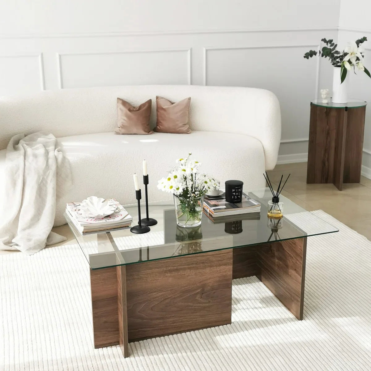 Coffee table - Walnut Finish - Tempered Glass - Dimensions 105x65x40cm - Stylish Table for every Living Room