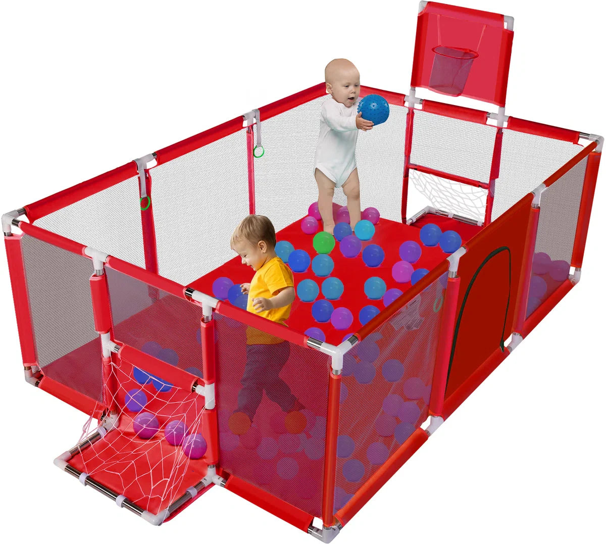 Playpen - Baby Playpen - 181x122cm Rectangular Large Size With Basketball Hoop - Red