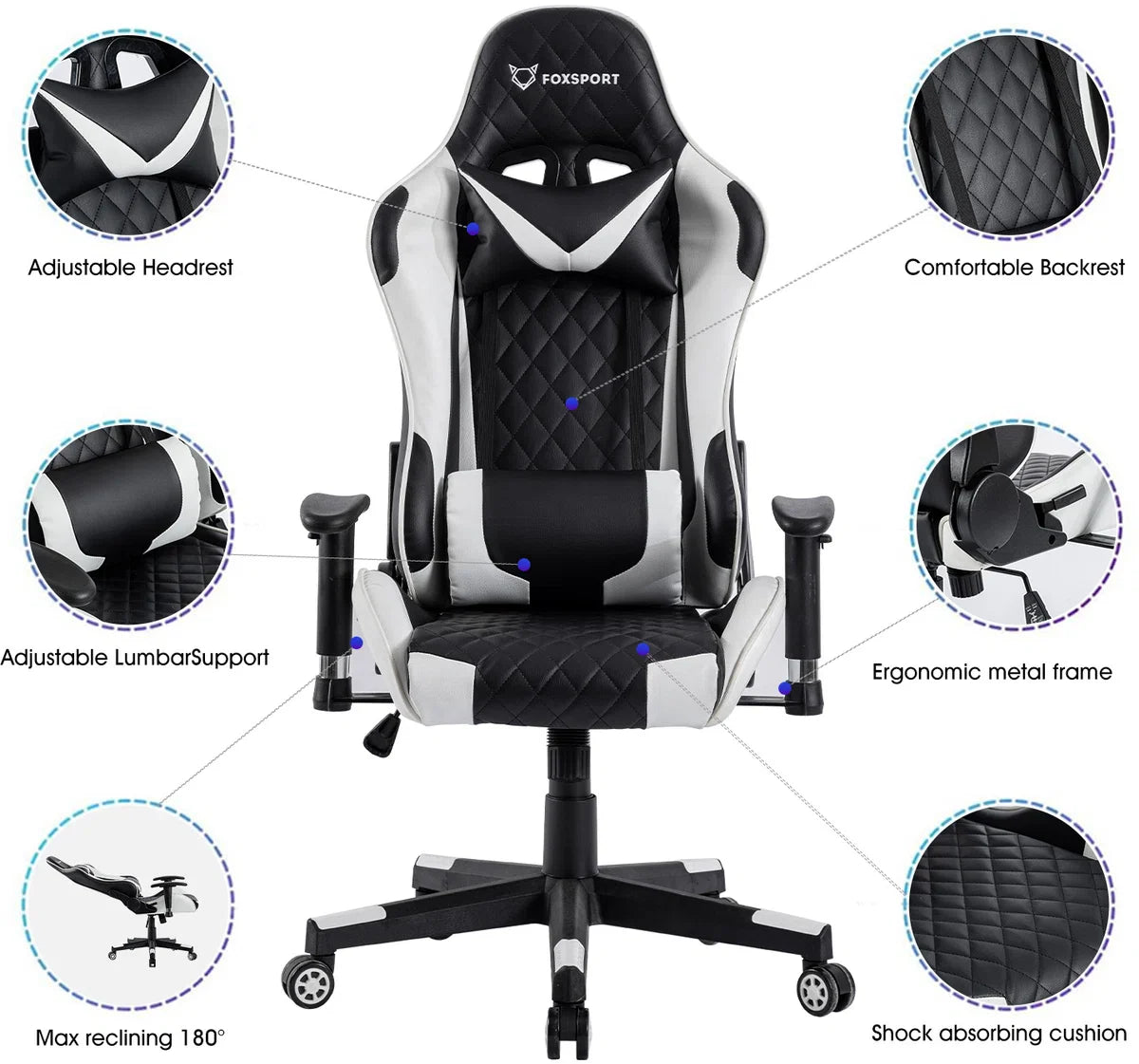 Seven Comfort - Game Stoel - Gaming Stoel - Gaming Chair - Zwart - Bureaustoel Met Nekkussen & Verstelbaar Rugkussen - Instelbare Zithoogte